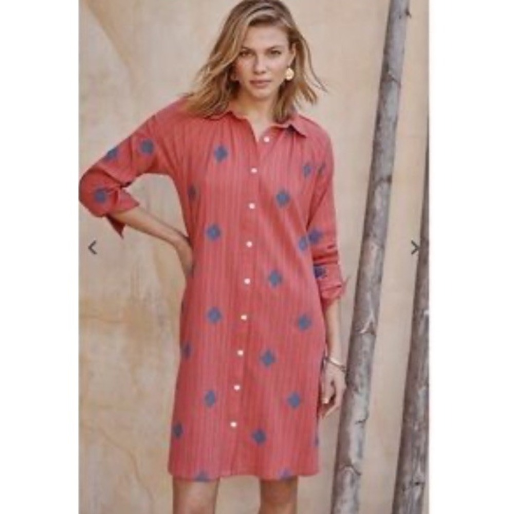 J. Jill PureJill XS Shirt Dress Long Sleeve Coral Embroidered Print Boho Cottage